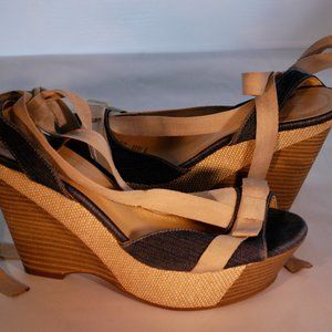 Andrea Wedge Sandals tie around ankle blue denim